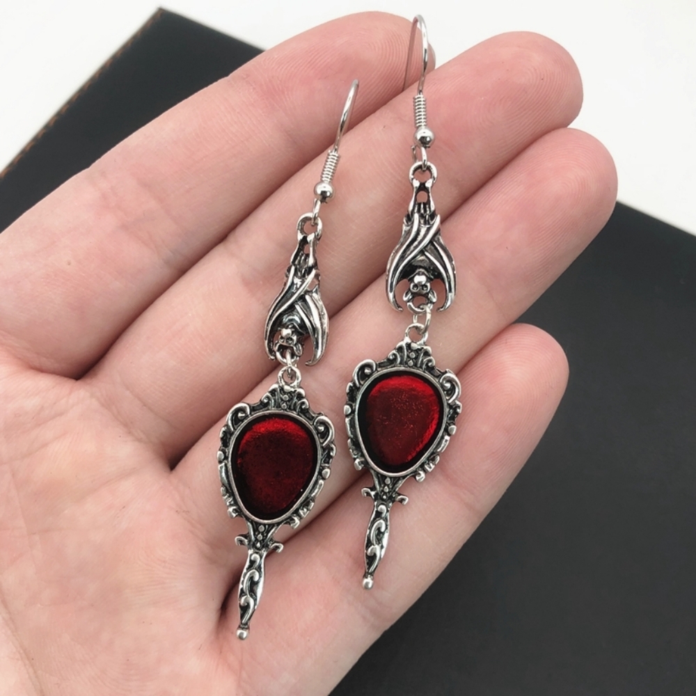 NWT Gothic Silver Bat Red Enamel Hand Mirror Drop Earrings